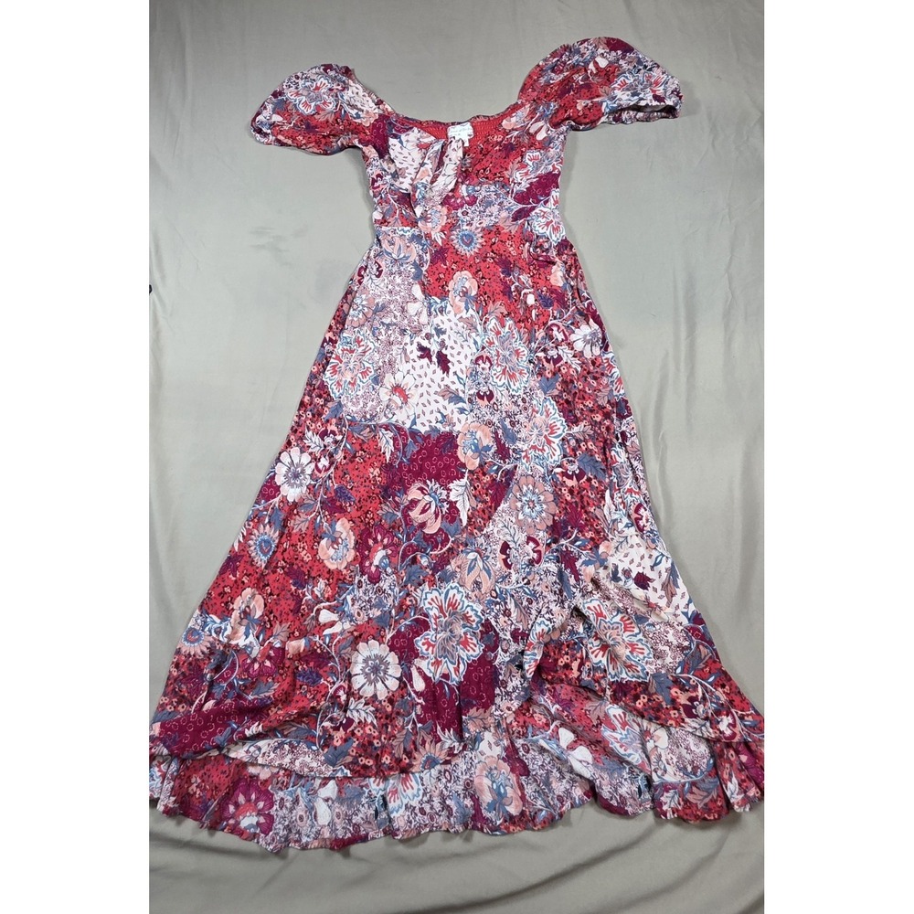 Band of the Free Womens Small S Red Floral Patchwork High Low Maxi Wrap Dress S